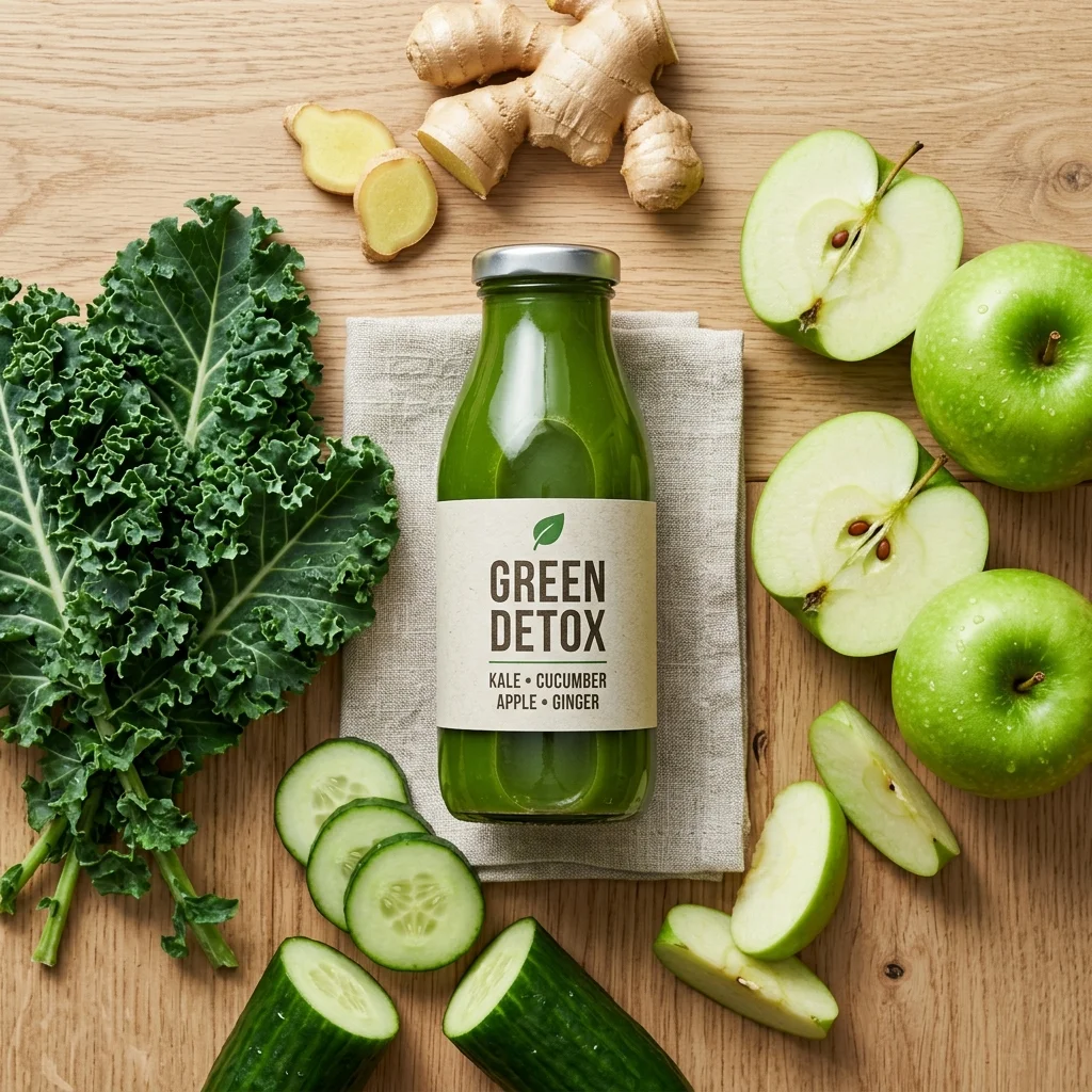 Verre de jus vert maison avec fruits et légumes frais