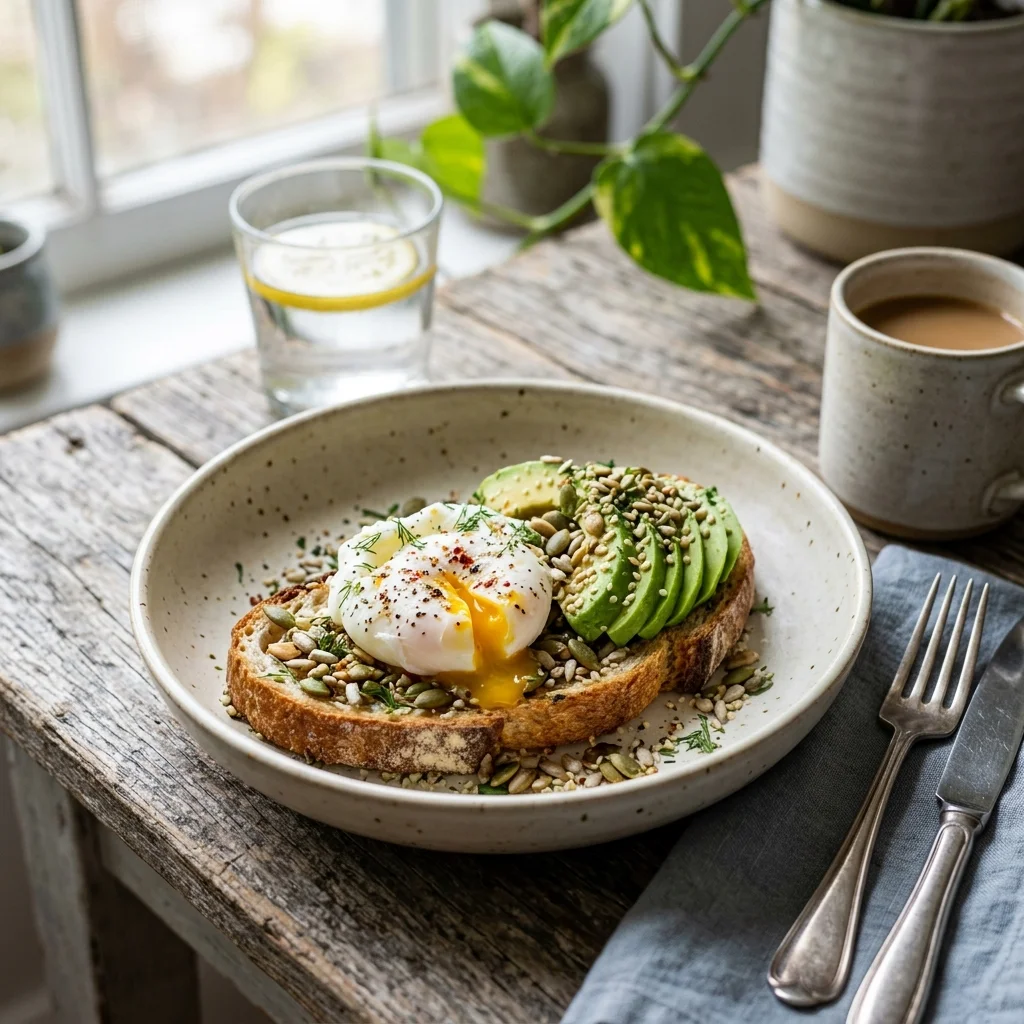 Petit-déjeuner équilibré avec œufs, avocat, pain complet et boisson chaude